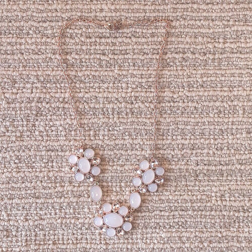 Rose Gold Tone White Oval Faux Opal Rhinestone Flower Cluster Statement Necklace